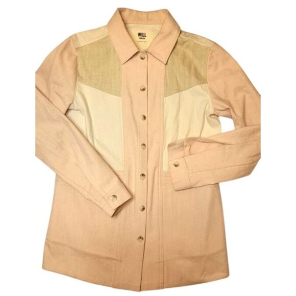 Sezane Jacket Womens XXS Will Denim Chore Coat Patchwork Ecru Pink Beige BUST34 - Picture 2 of 5